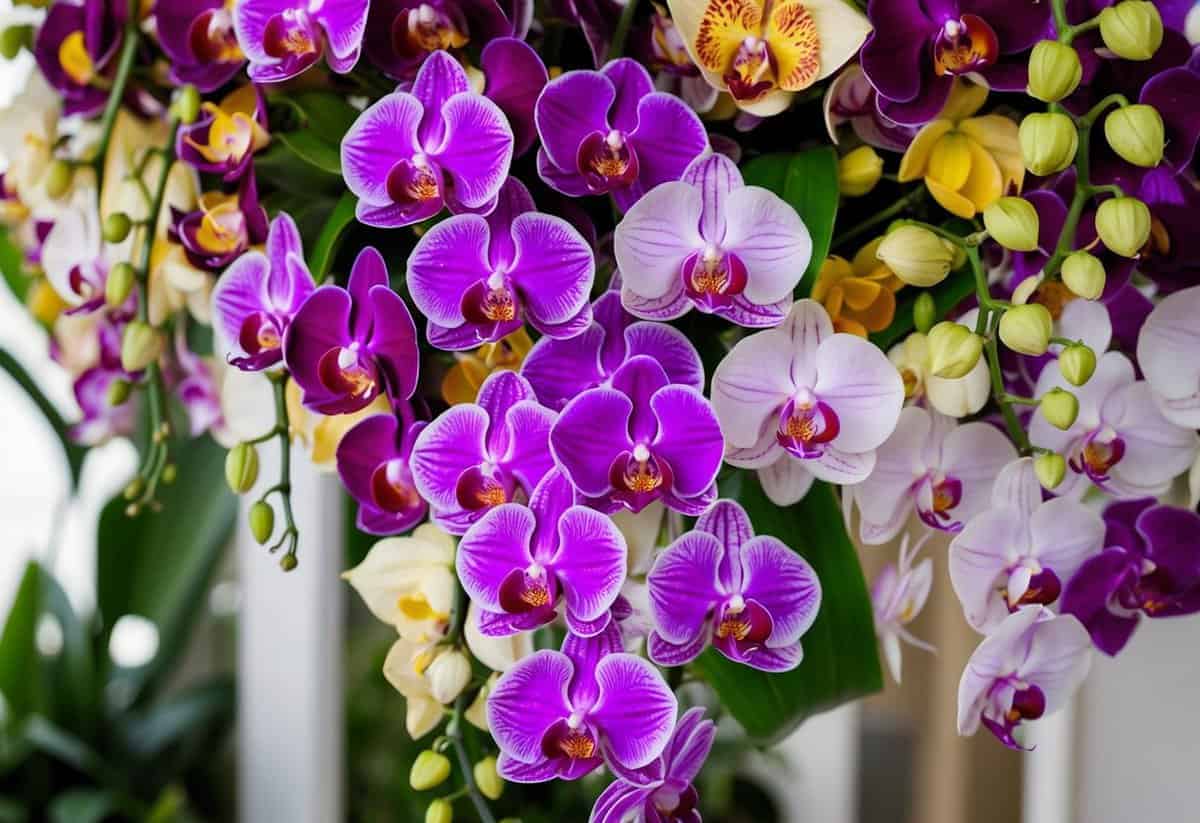 A vibrant mix of orchids in various shapes and colors arranged in a cascading wedding bouquet