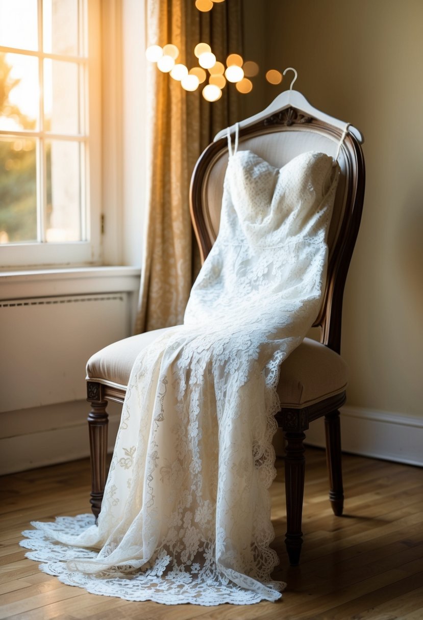 A lace mermaid gown draped over a vintage chair in a sunlit room