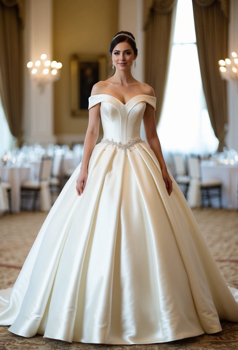 A bride stands in a grand ballroom, wearing an off-shoulder satin ballgown with a flowing skirt and elegant detailing