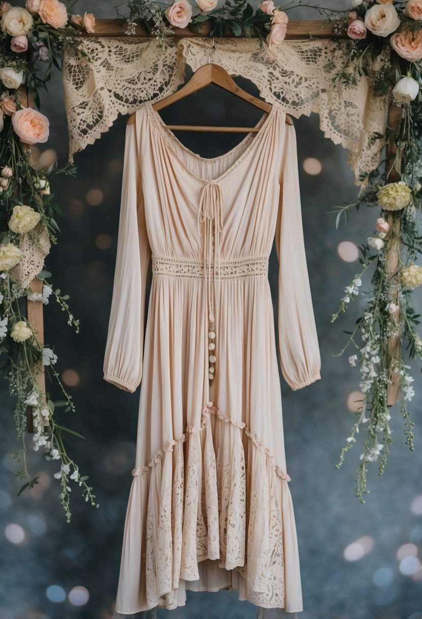 A flowing bohemian long sleeve dress hangs on a rustic wooden hanger, surrounded by vintage lace and delicate floral accents