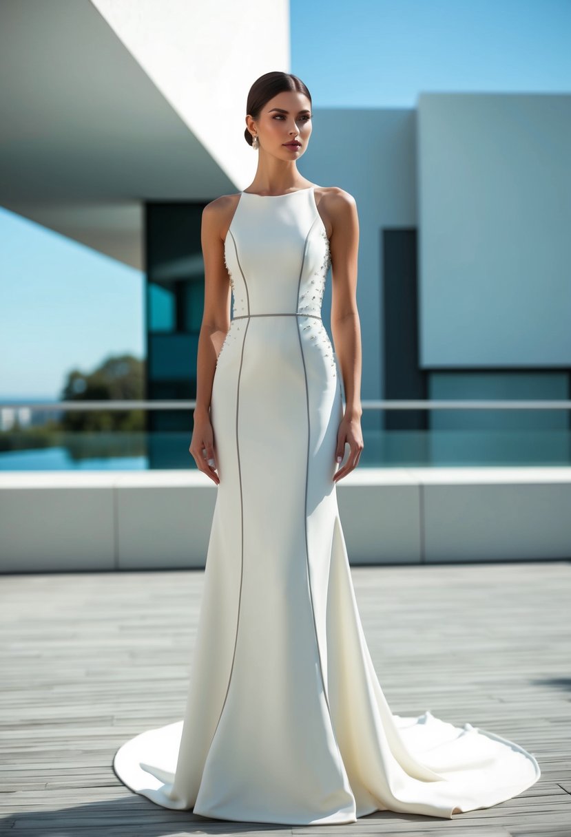 A sleek, floor-length gown with clean lines and minimal embellishments, set against a backdrop of modern architecture and geometric shapes