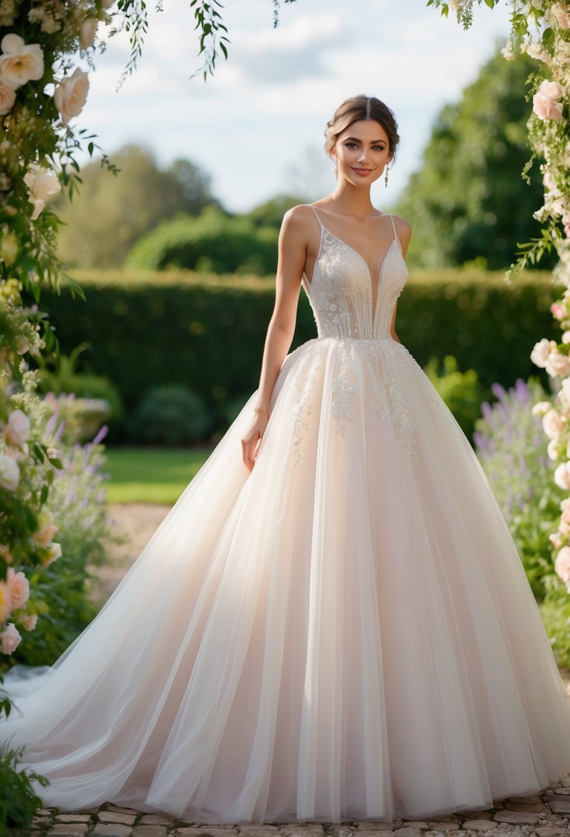 A soft, flowing tulle ballgown in a romantic garden setting, with delicate floral accents and a touch of sparkle