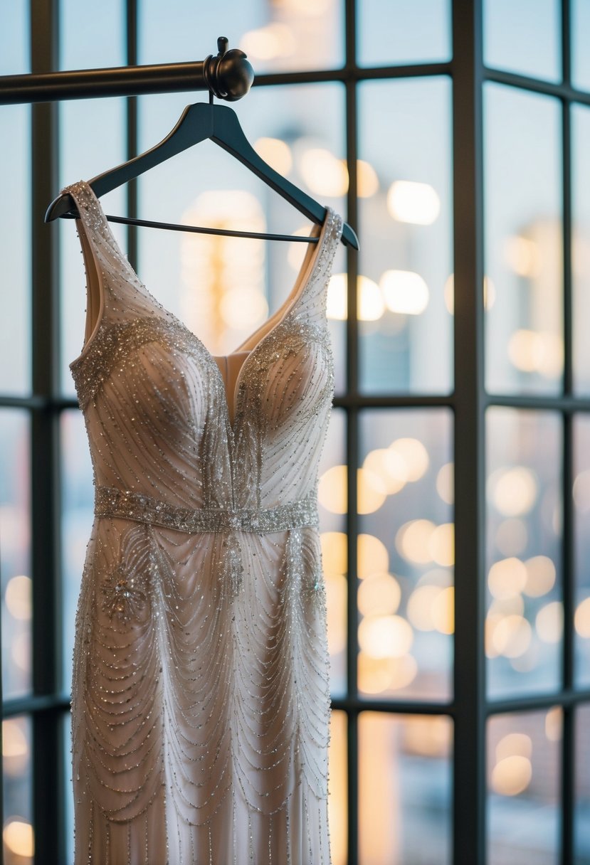 A sleek, beaded sheath gown hangs gracefully on a mannequin, catching the light and exuding timeless elegance