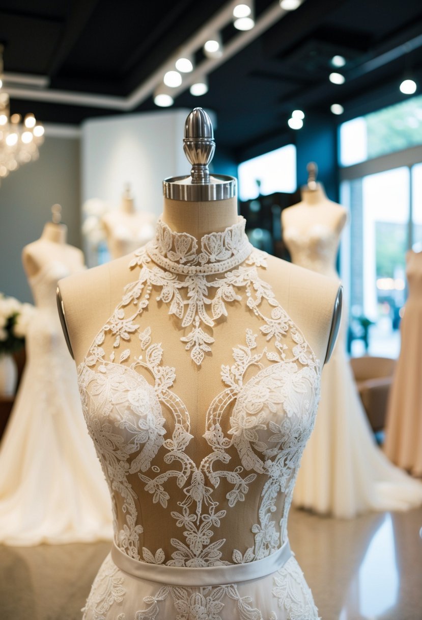 A mannequin wearing a sophisticated high-neck dress with intricate lace details, standing in a luxurious wedding boutique showroom