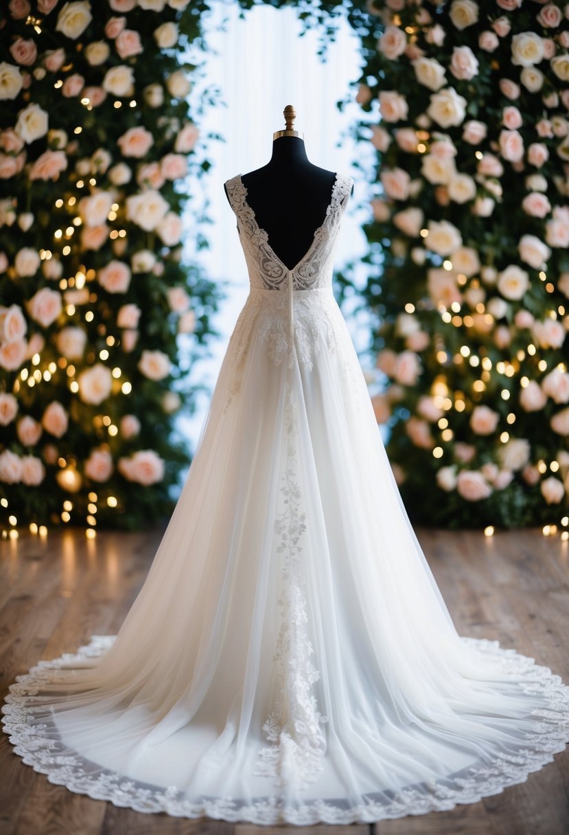 A flowing A-line wedding dress with delicate lace and a long train, set against a backdrop of blooming roses and twinkling fairy lights