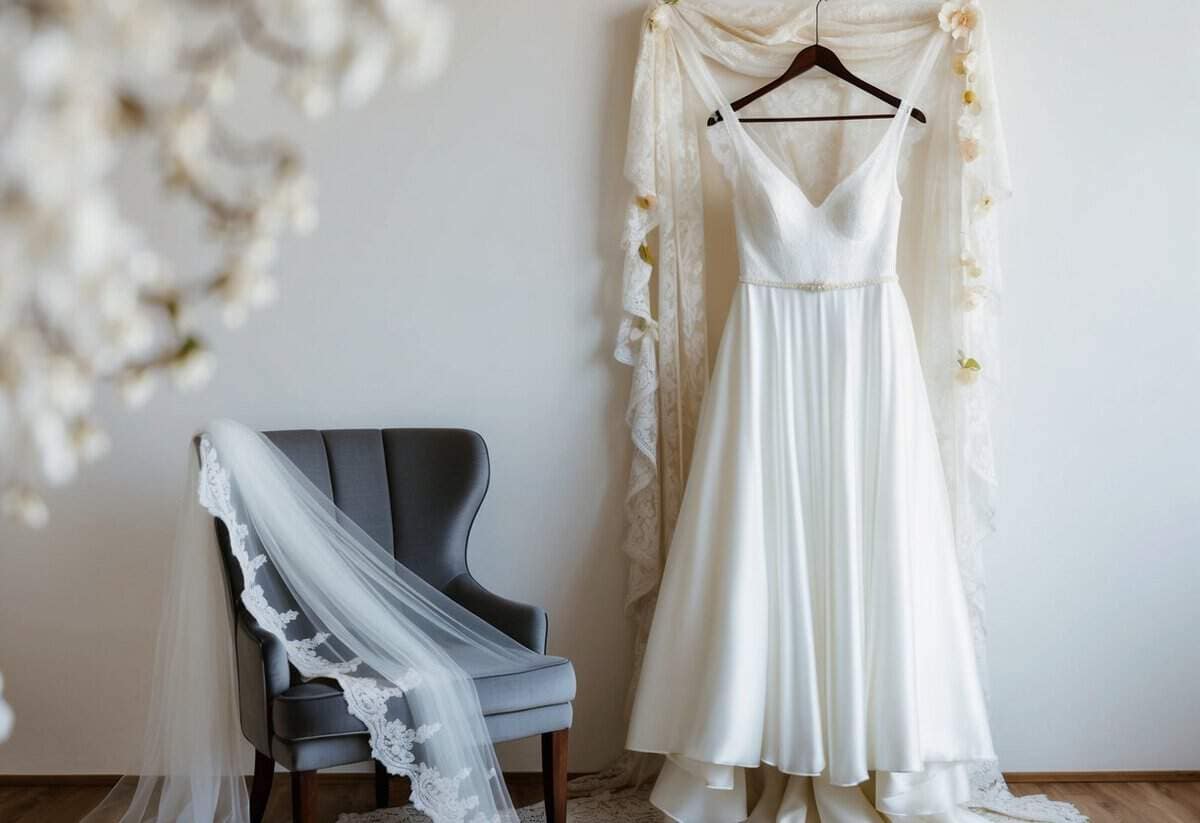 A flowing white dress hangs on a hanger, surrounded by delicate lace and ribbon. A soft veil drapes over a nearby chair