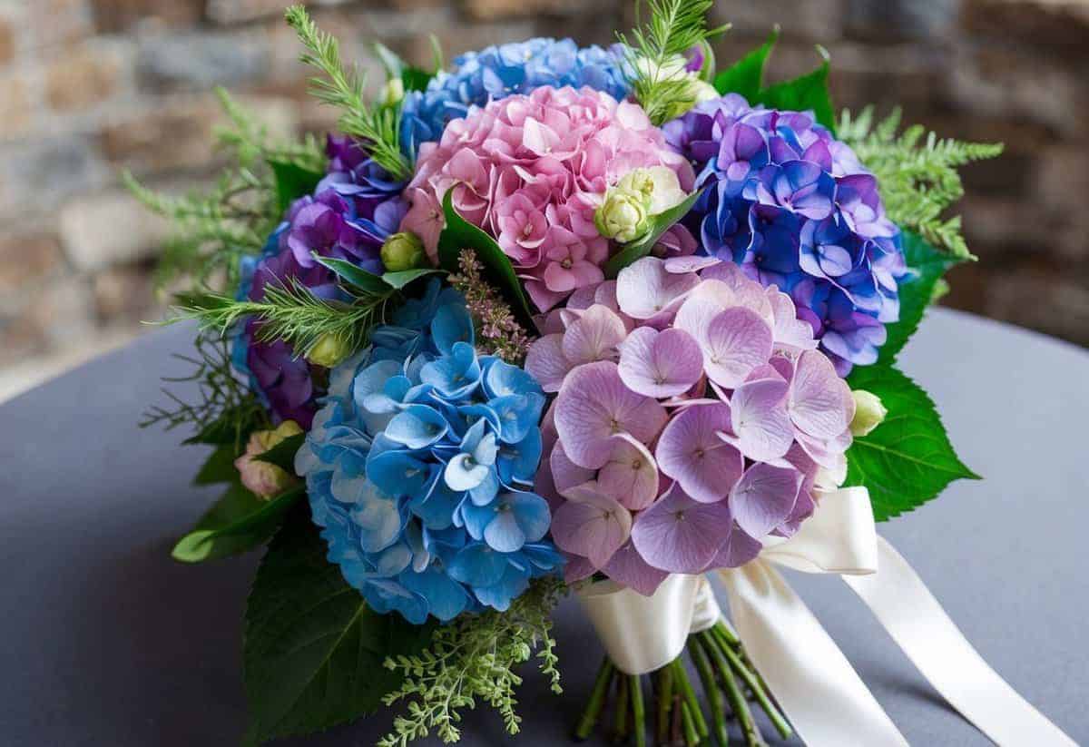 A vibrant wedding bouquet featuring lush hydrangeas in shades of blue, purple, and pink, accented with delicate greenery and tied with a satin ribbon