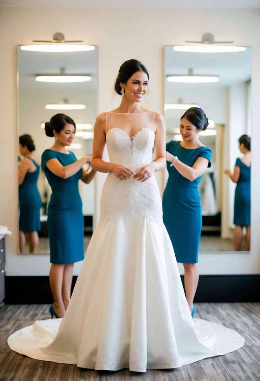 A bride standing in a fitting room, surrounded by mirrors, as a seamstress pins and adjusts her wedding dress