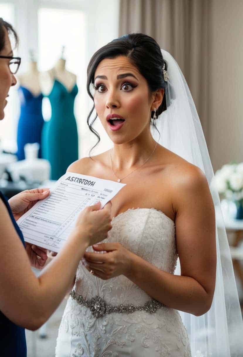 A bride looking surprised as a seamstress presents a bill for additional alteration costs during a dress fitting