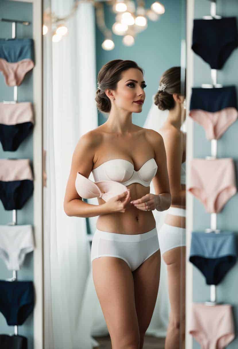 A bride stands in front of a full-length mirror, surrounded by various types of undergarments. She looks contemplative, holding up a strapless bra and a pair of seamless underwear