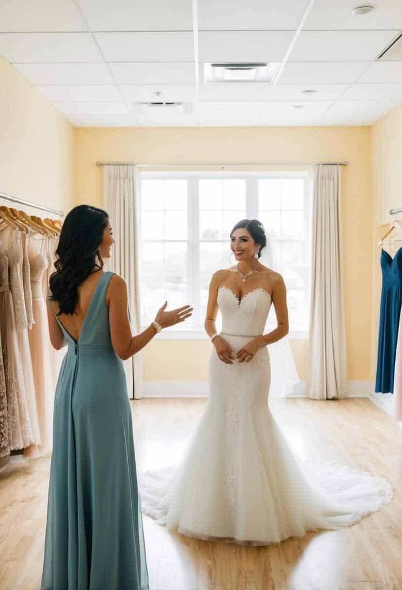 A bride and a friend stand in a bright, spacious fitting room. The bride is trying on a wedding dress while her friend offers feedback and support