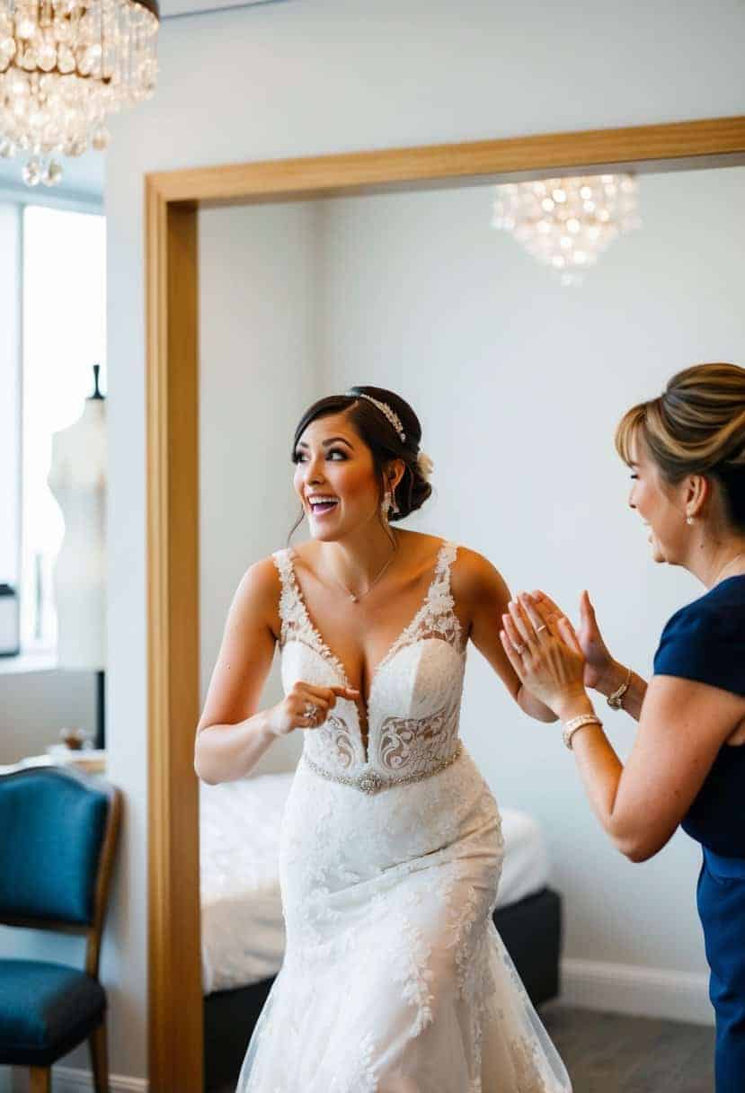 A bride rushing into a fitting room, anxiously asking about rush alteration services for her wedding dress