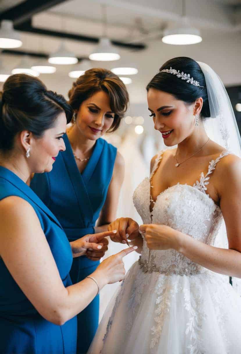 A bride examining a wedding dress with a seamstress, pointing to various details and discussing customization options