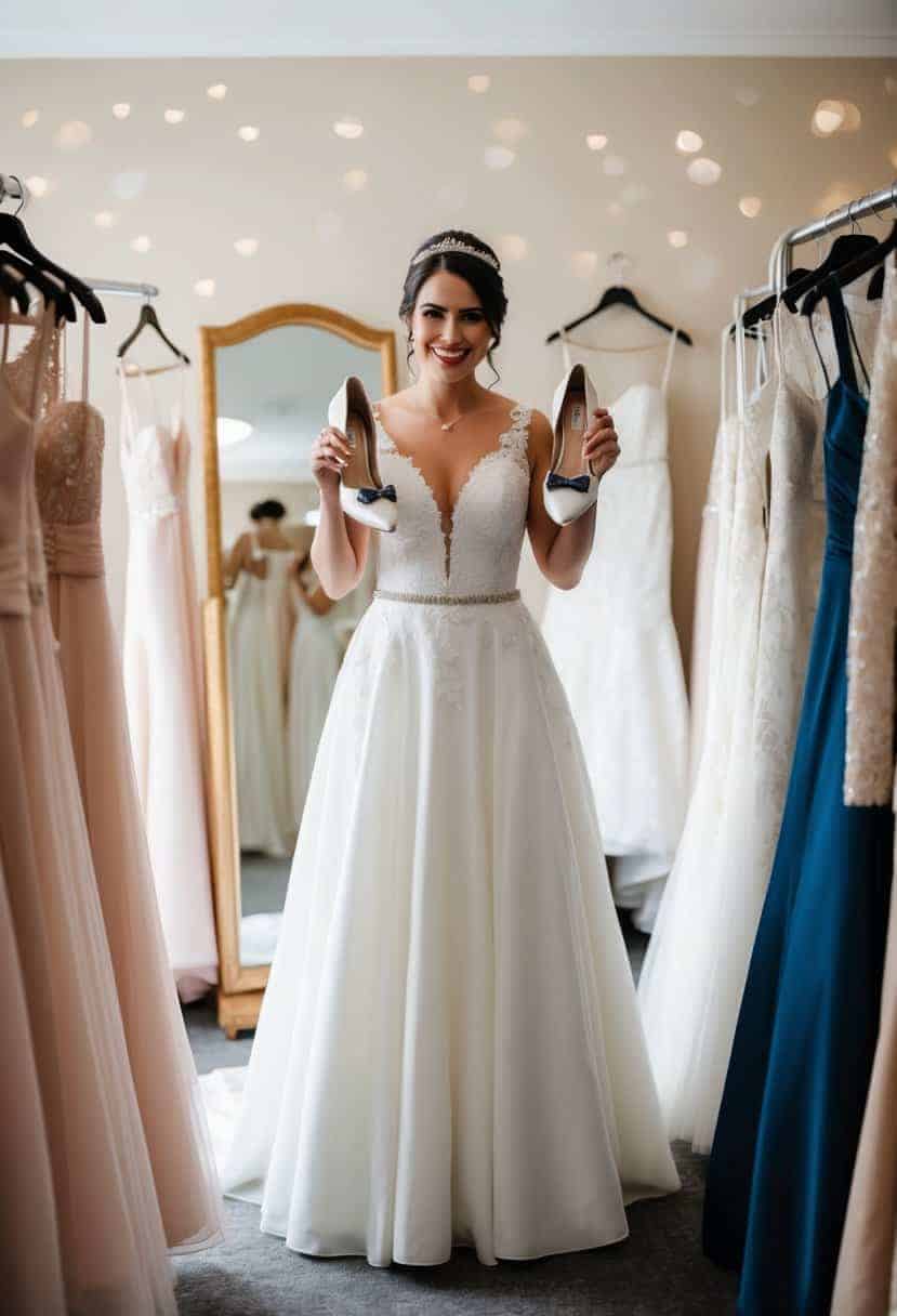 A bride standing in a wedding dress, holding up a pair of special shoes, surrounded by racks of dresses and a mirror