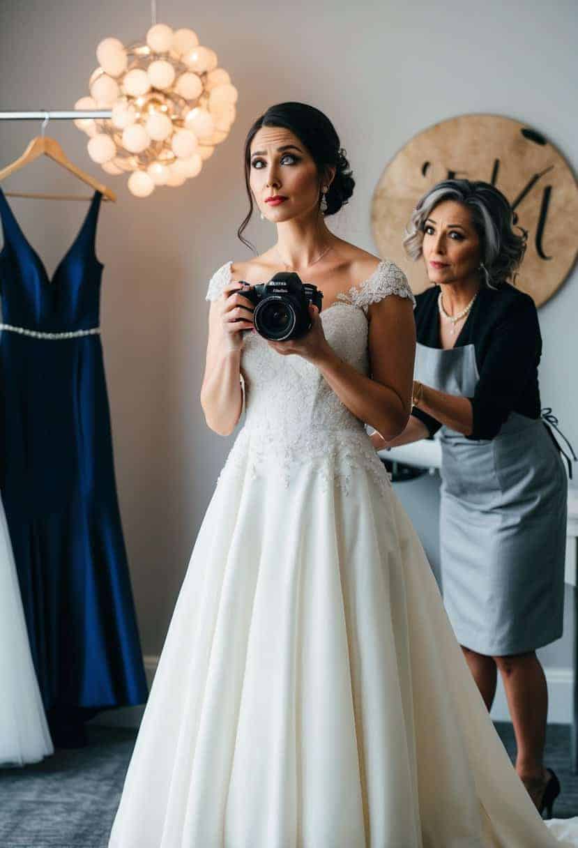 A bride standing in a dress fitting room, holding a camera and looking uncertain as the seamstress adjusts the gown