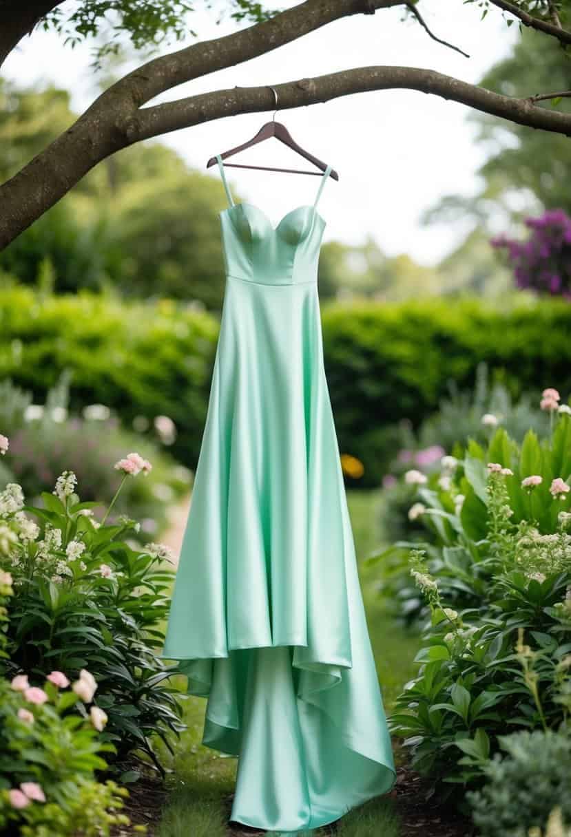 A serene garden setting with a flowing mint satin A-line wedding dress hanging from a tree branch, surrounded by lush greenery and delicate flowers