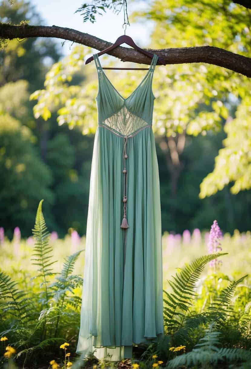 A flowing sage green boho dress hangs from a tree branch in a sunlit forest clearing. Wildflowers and ferns surround the dress, creating a whimsical and romantic atmosphere