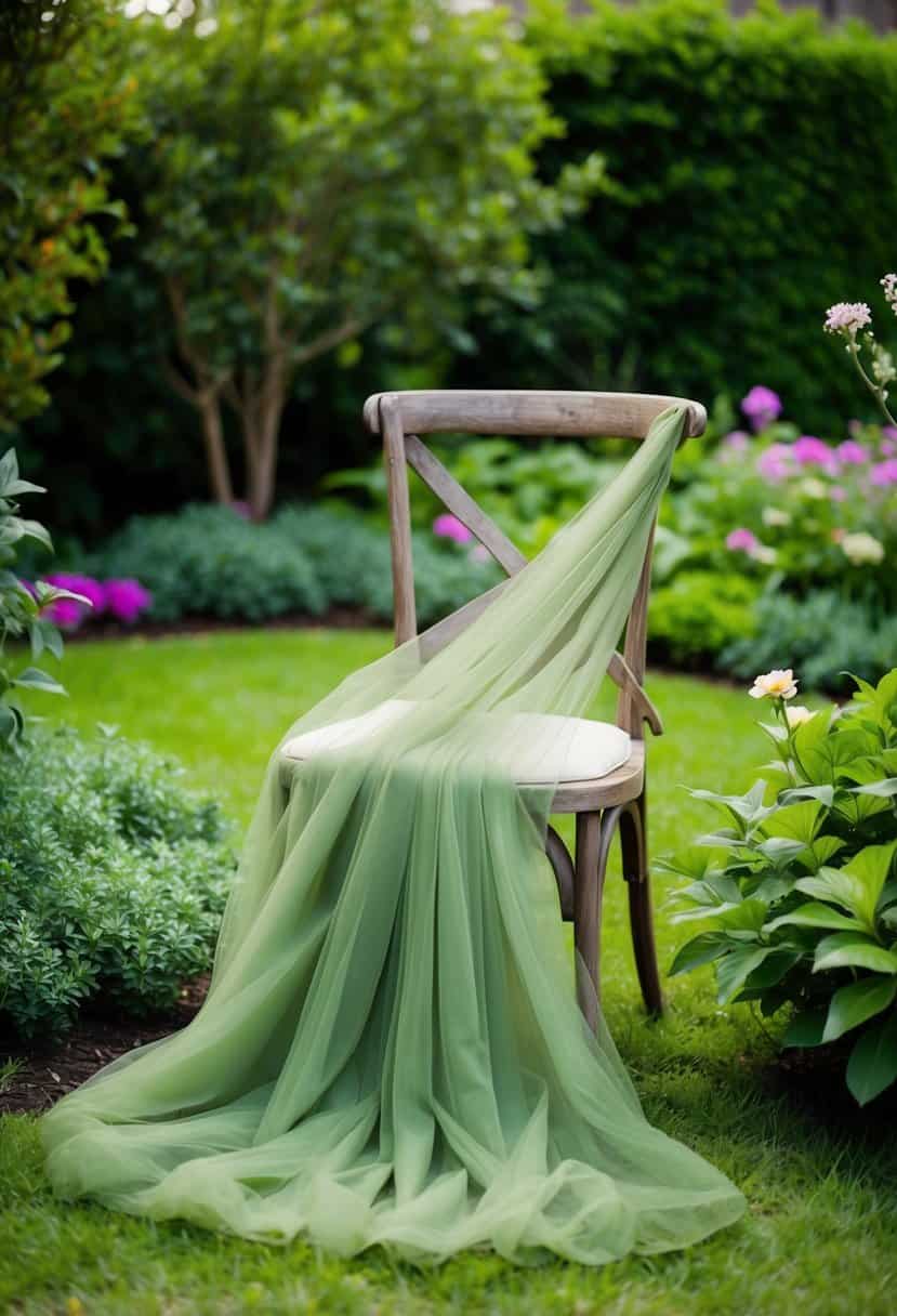 A lush garden with a flowing olive tulle gown draped over a rustic wooden chair, surrounded by vibrant greenery and delicate flowers