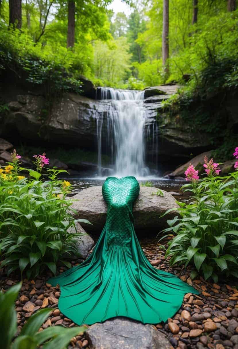 A serene forest clearing with a cascading waterfall, surrounded by lush greenery and vibrant flowers, where a flowing mermaid dress in shades of forest green is draped over a rock