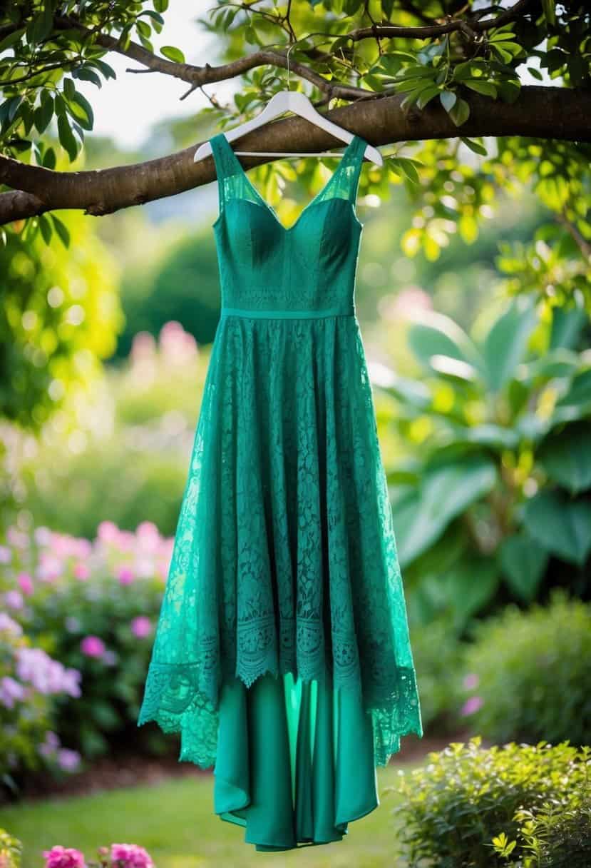 A flowing emerald lace dress hangs from a tree branch in a lush garden setting, surrounded by vibrant greenery and delicate flowers