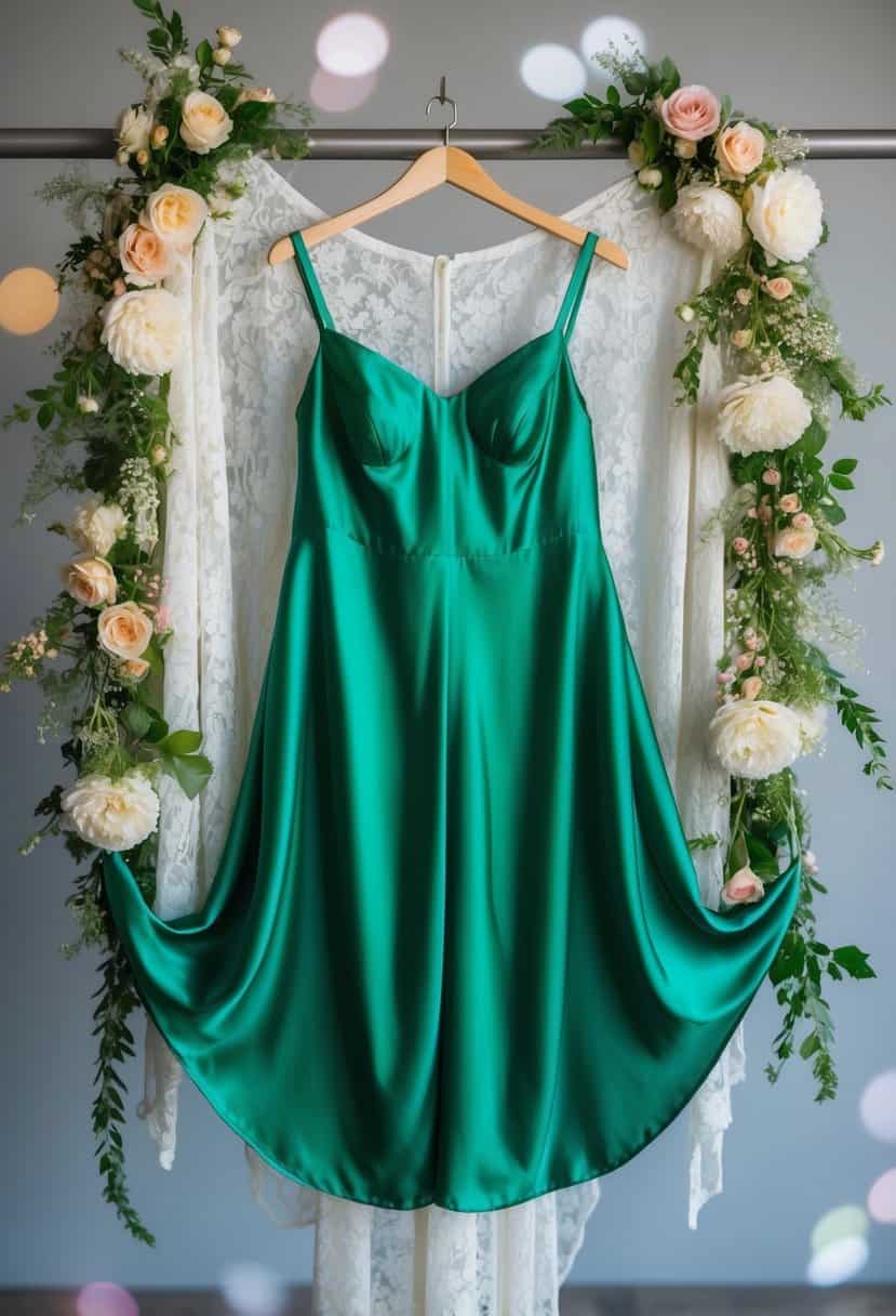 A flowing green silk slip dress draped over a hanger, surrounded by delicate lace and floral accents