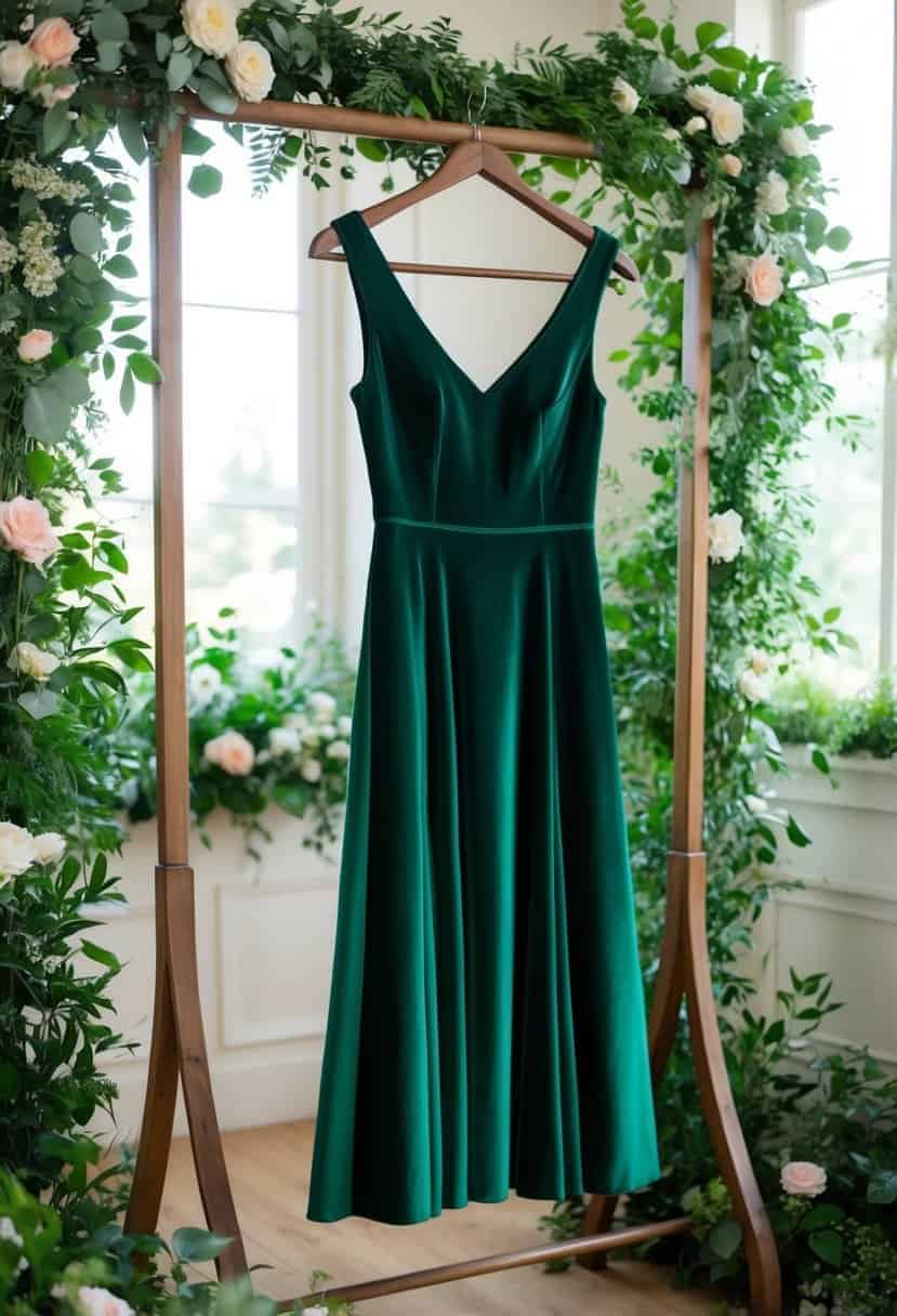 A hunter green velvet dress hangs on a vintage coat rack in a sunlit room, surrounded by lush greenery and delicate floral arrangements