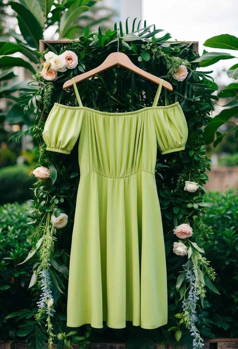 An avocado off-shoulder dress hangs on a hanger, surrounded by lush greenery and delicate floral accents