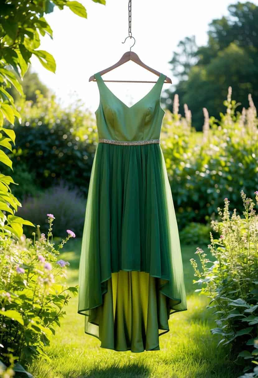 A moss green high-low dress hangs on a rustic wooden hanger in a sunlit garden, surrounded by lush greenery and delicate wildflowers