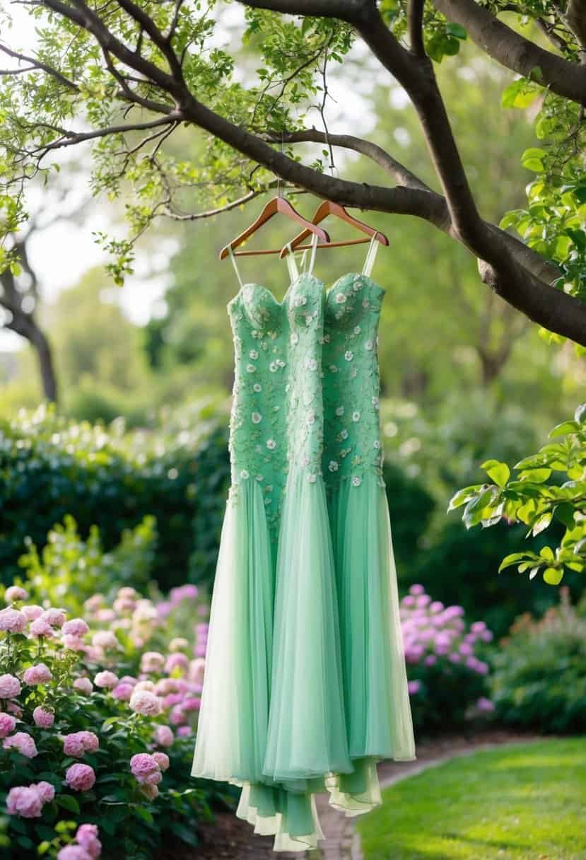 A lush garden with pistachio floral gowns hanging from tree branches, surrounded by greenery and blooming flowers