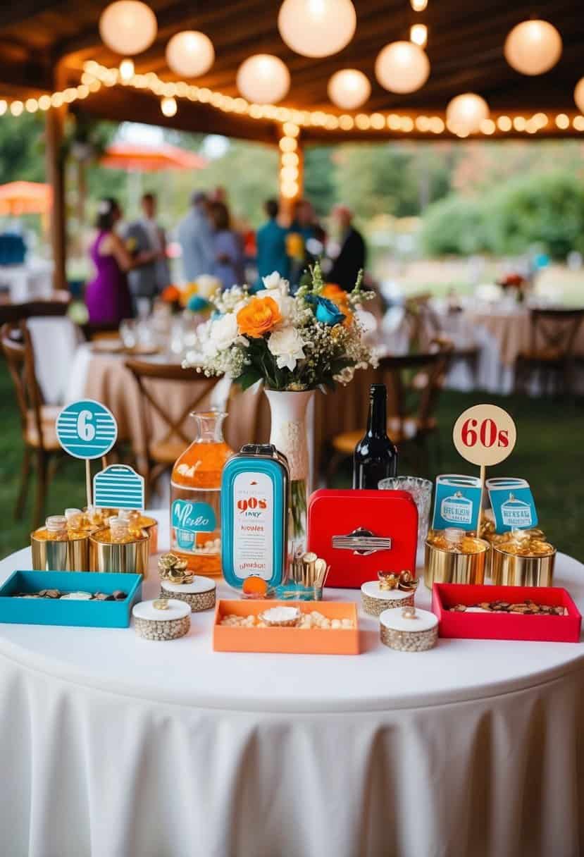 A retro-themed wedding favor table with custom 60s-inspired items and decorations