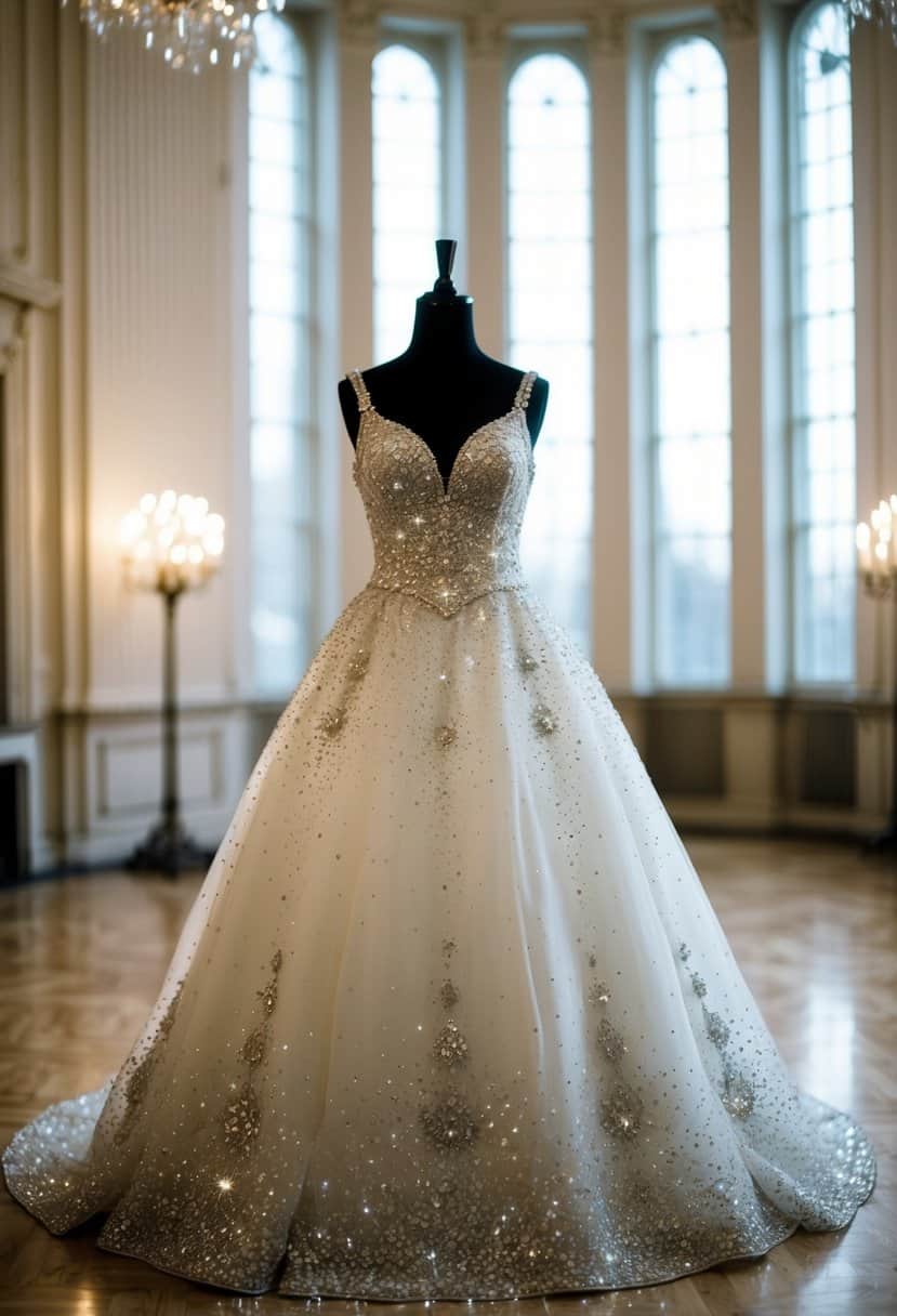 A grand ballroom with a sparkling crystal-beaded ball gown on a mannequin. Tall windows flood the room with soft light, highlighting the intricate details of the dress