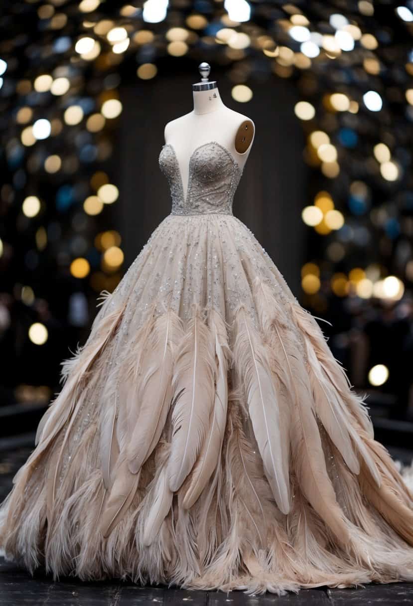 A grand A-line gown with feather embellishments cascading down the skirt, creating a sense of opulence and elegance