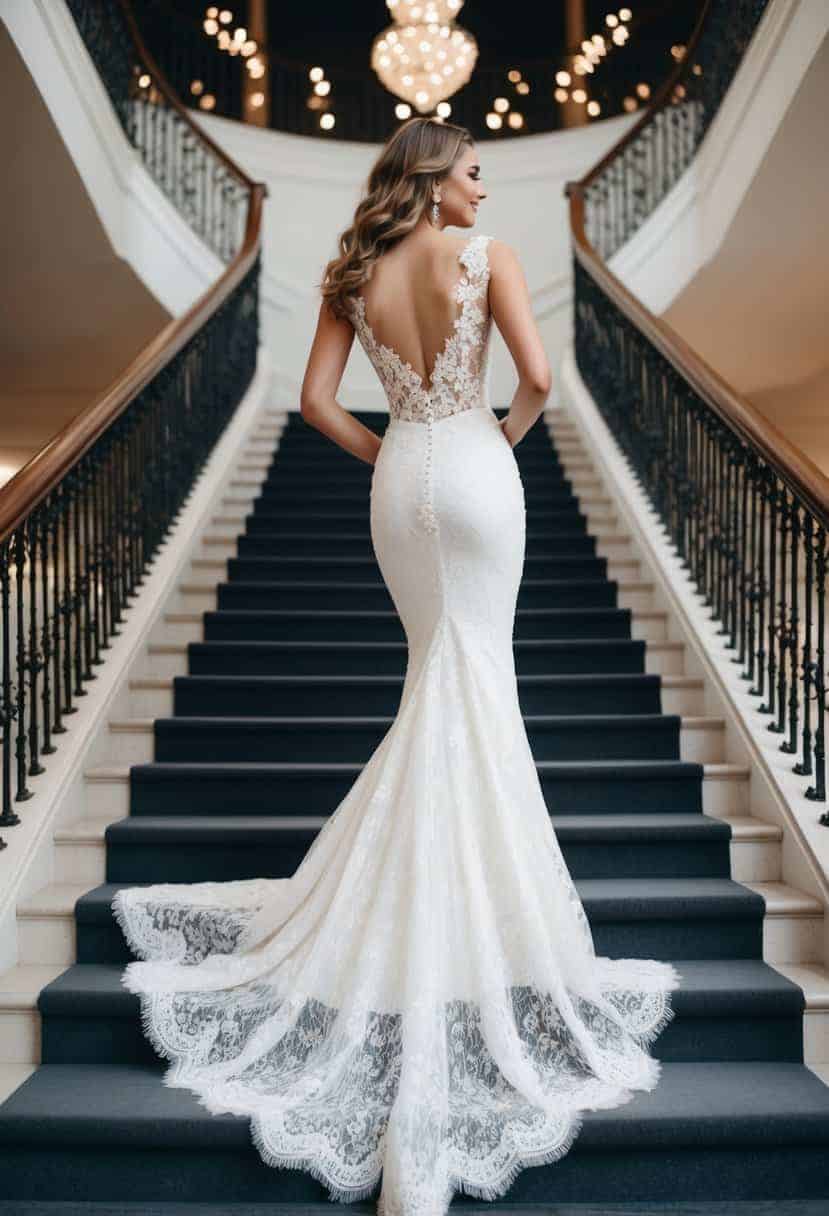 A lace illusion mermaid dress cascading down a grand staircase