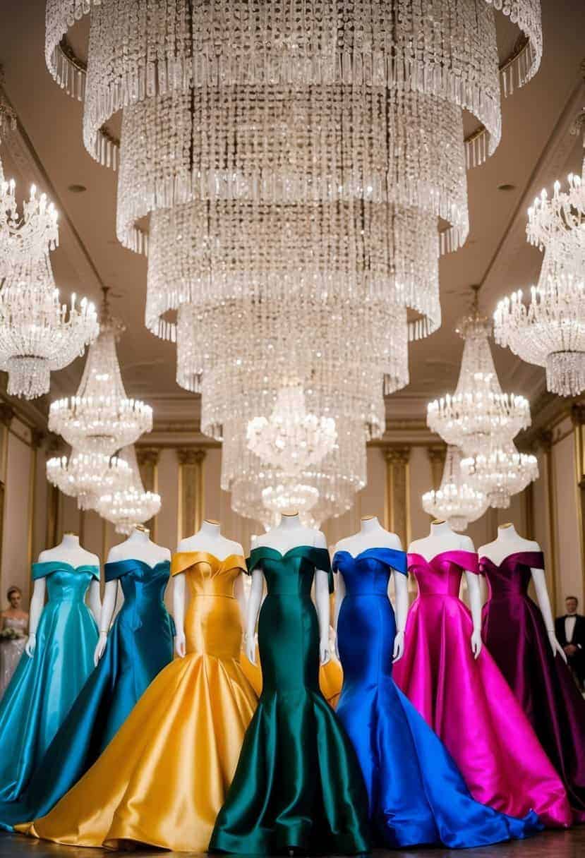 A grand ballroom with cascading crystal chandeliers, adorned with luxurious silk satin off-shoulder gowns in various opulent colors