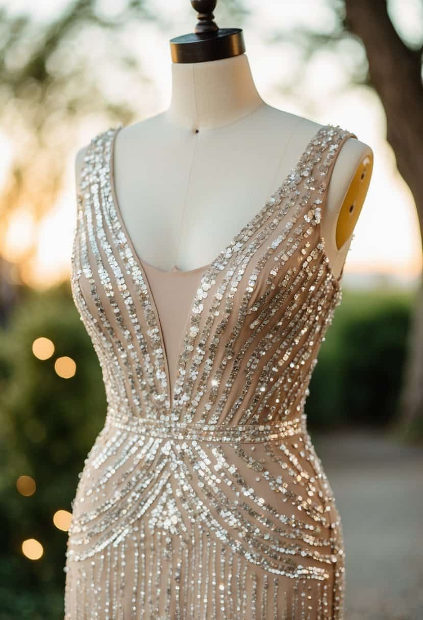 A shimmering sheath dress adorned with cascading sequins and sparkling embellishments