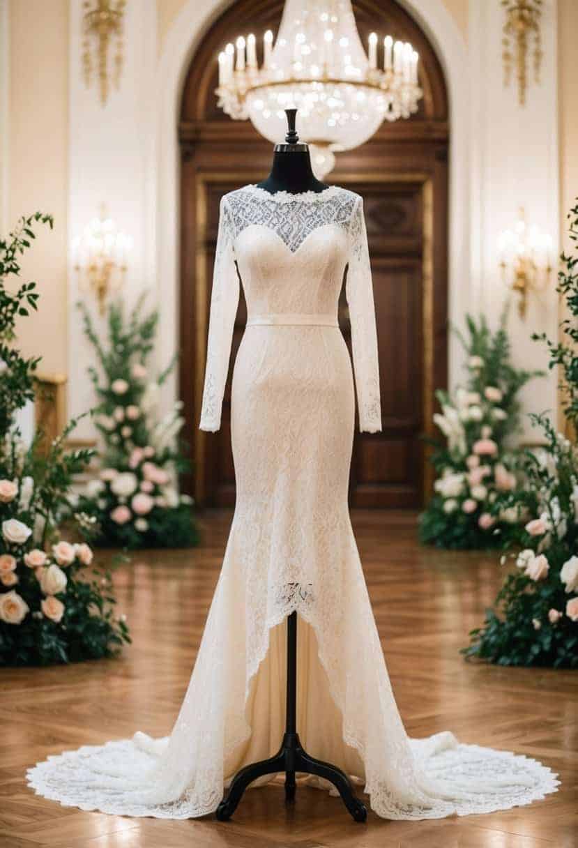 A long-sleeved lace trumpet dress displayed on a mannequin in a grand ballroom with ornate chandeliers and luxurious floral arrangements