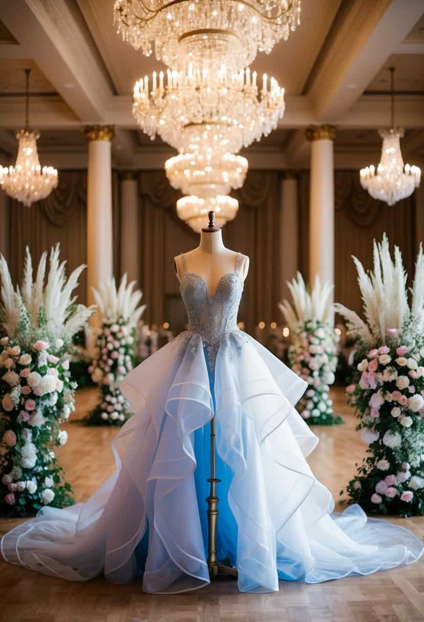 A grand ballroom with a cascading organza gown on a mannequin, surrounded by opulent floral arrangements and sparkling chandeliers