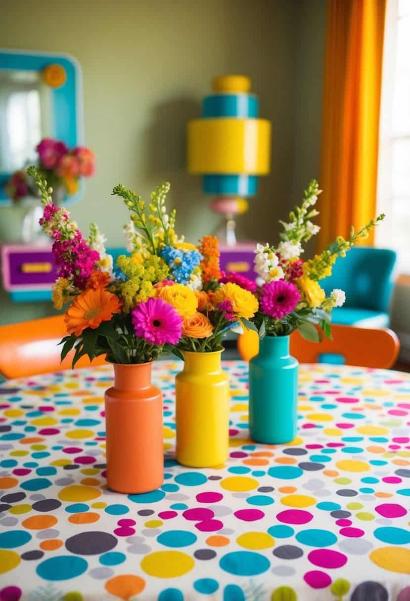 A retro 60s wedding scene with colorful floral arrangements in DIY vases on a patterned tablecloth, surrounded by vintage decor and bright, mod-inspired furniture