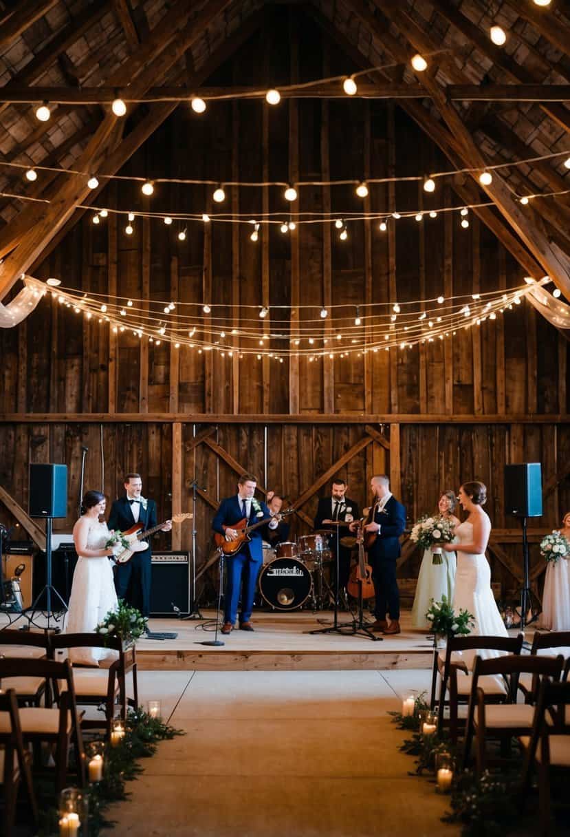 A vintage 1960s wedding at a rustic barn venue, with retro decorations, string lights, and a live band playing on a stage