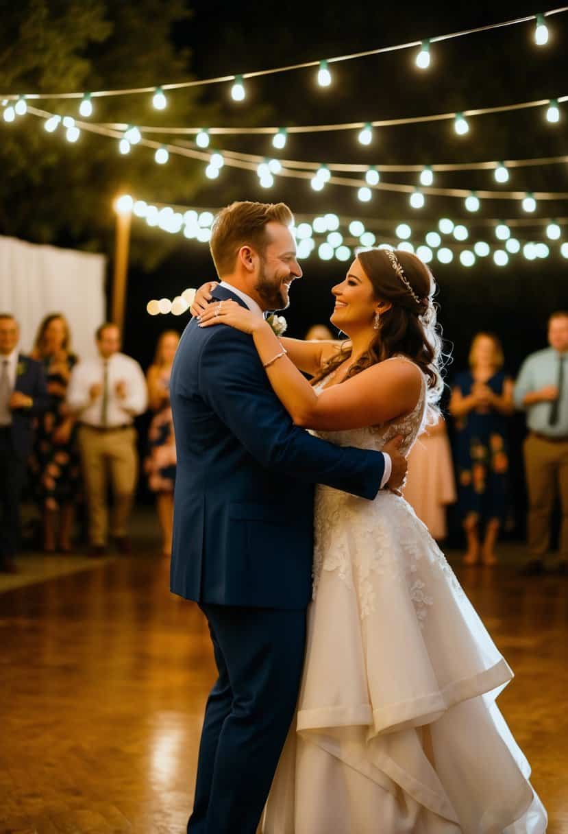 A couple dances under string lights to live acoustic music at a 60s-themed wedding