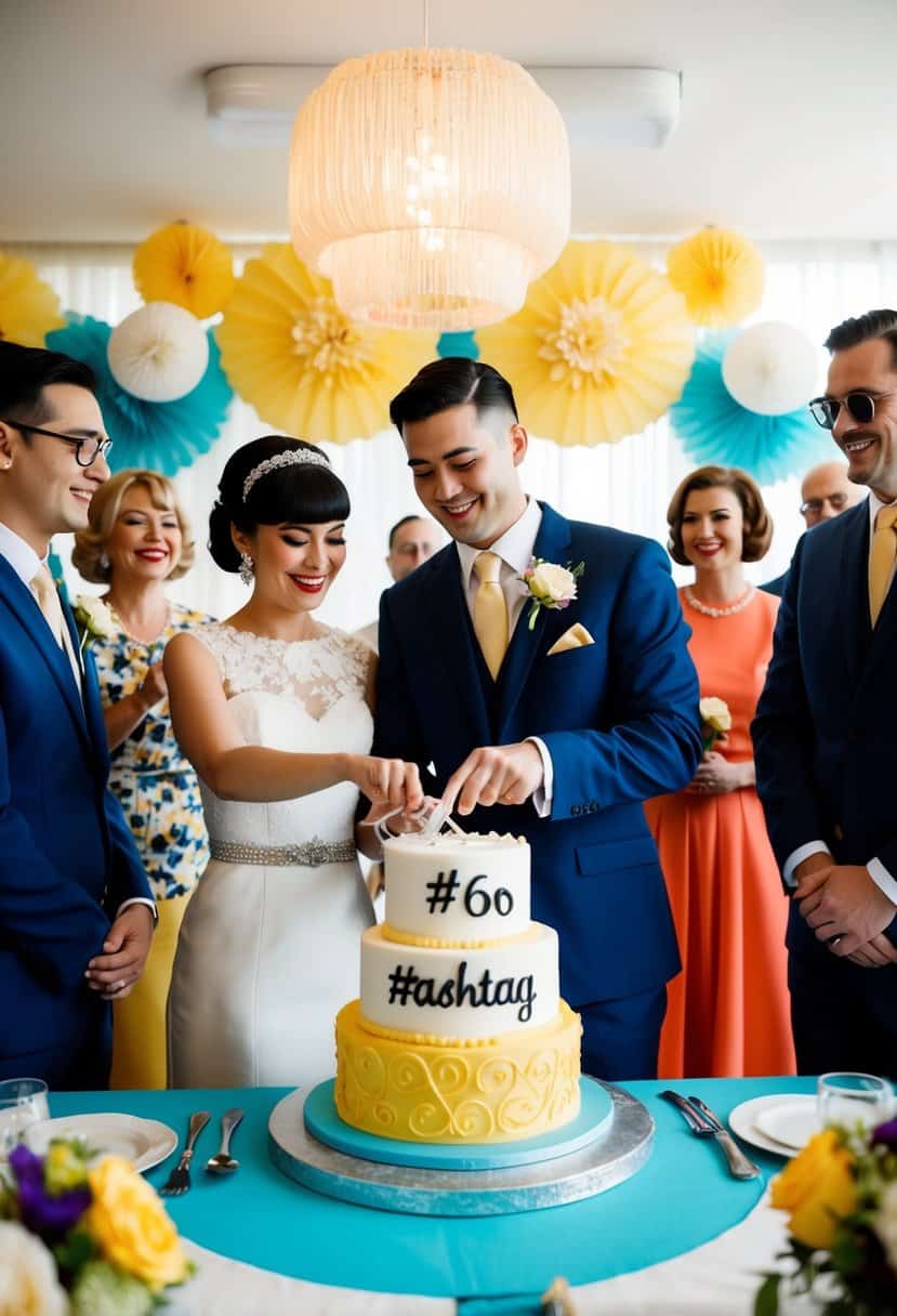 A retro 60s wedding scene with a couple cutting a cake adorned with a custom hashtag, surrounded by vintage decor and guests in mod attire