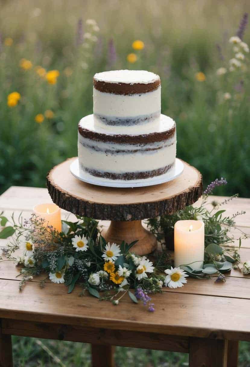 A simple, rustic homemade wedding cake displayed on a wooden table, surrounded by wildflowers and candles