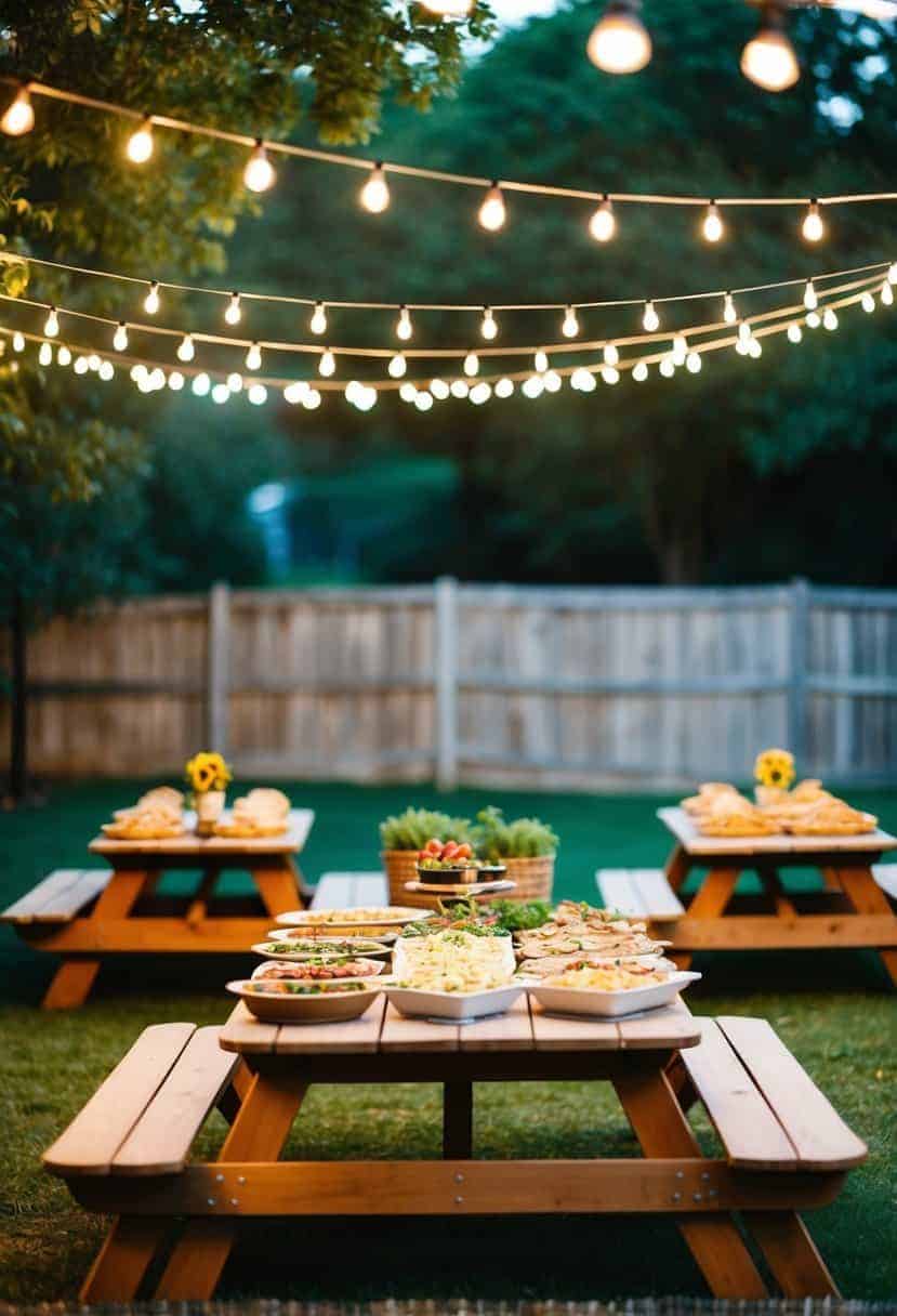 A cozy backyard set for a wedding ceremony with string lights, flower-filled mason jars, a rustic wooden arch, and simple seating for guests