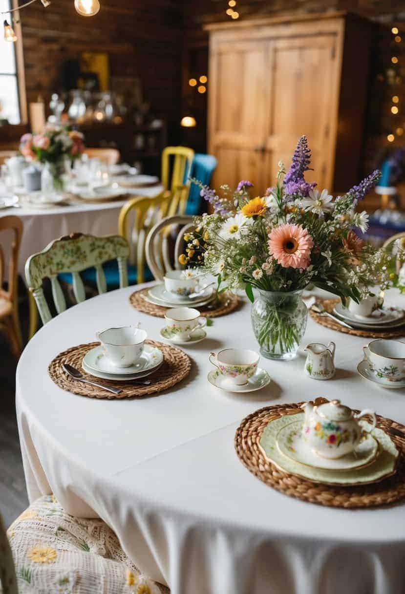 A cozy thrift store decor wedding with mismatched chairs, vintage teacups, and wildflower centerpieces