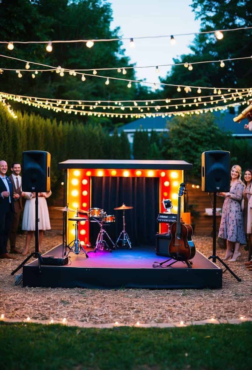 A small stage with colorful lights and musical instruments set up in a cozy backyard surrounded by twinkling fairy lights and happy guests