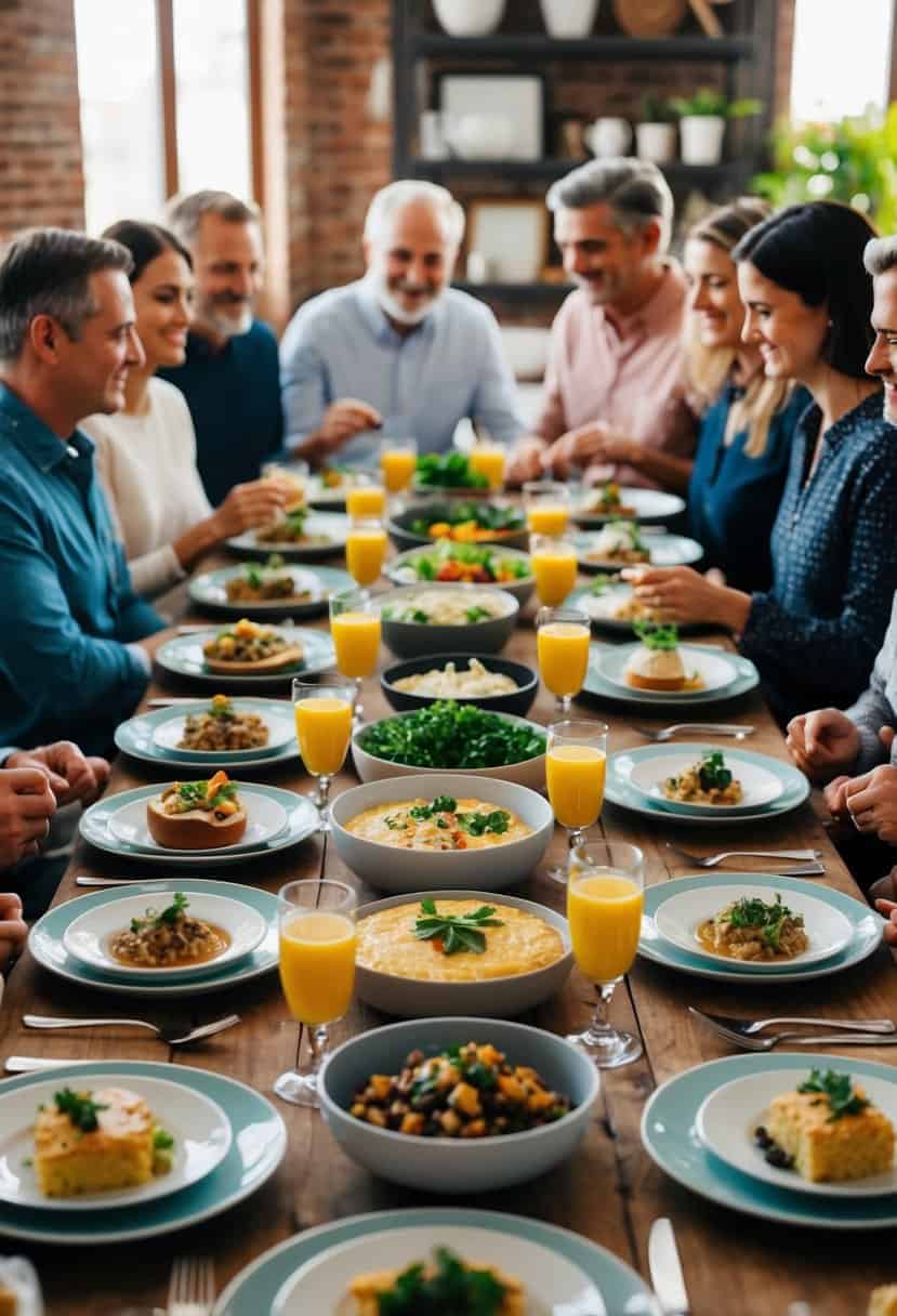 A table set with an assortment of homemade dishes, surrounded by intimate gathering of close friends and family