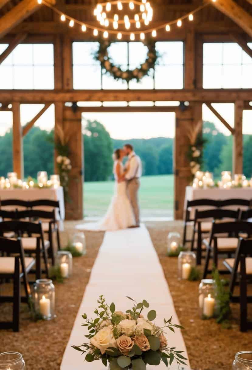 A charming rustic barn wedding with simple decor and soft lighting