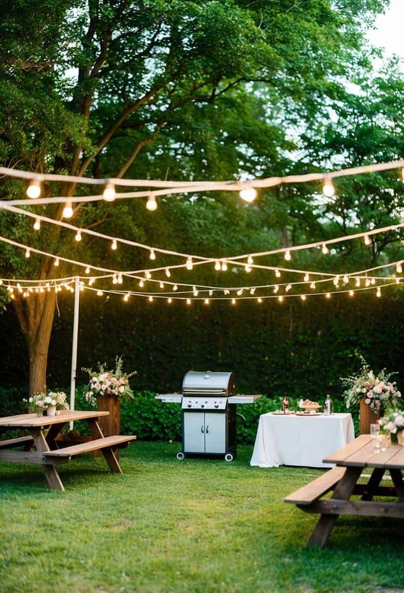 A backyard barbecue reception with string lights, picnic tables, and a grill surrounded by greenery and flowers