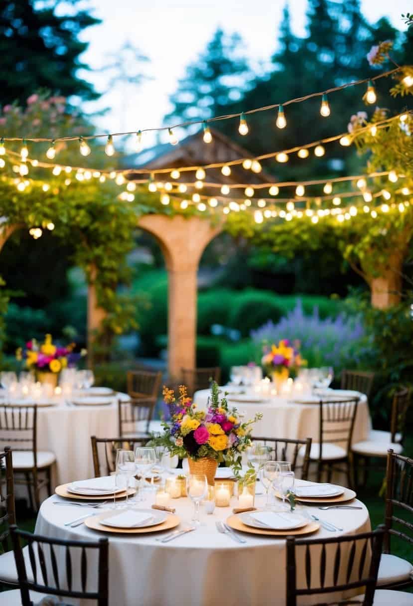 A charming garden adorned with twinkling lights, colorful flowers, and elegant table settings for a small, intimate wedding celebration