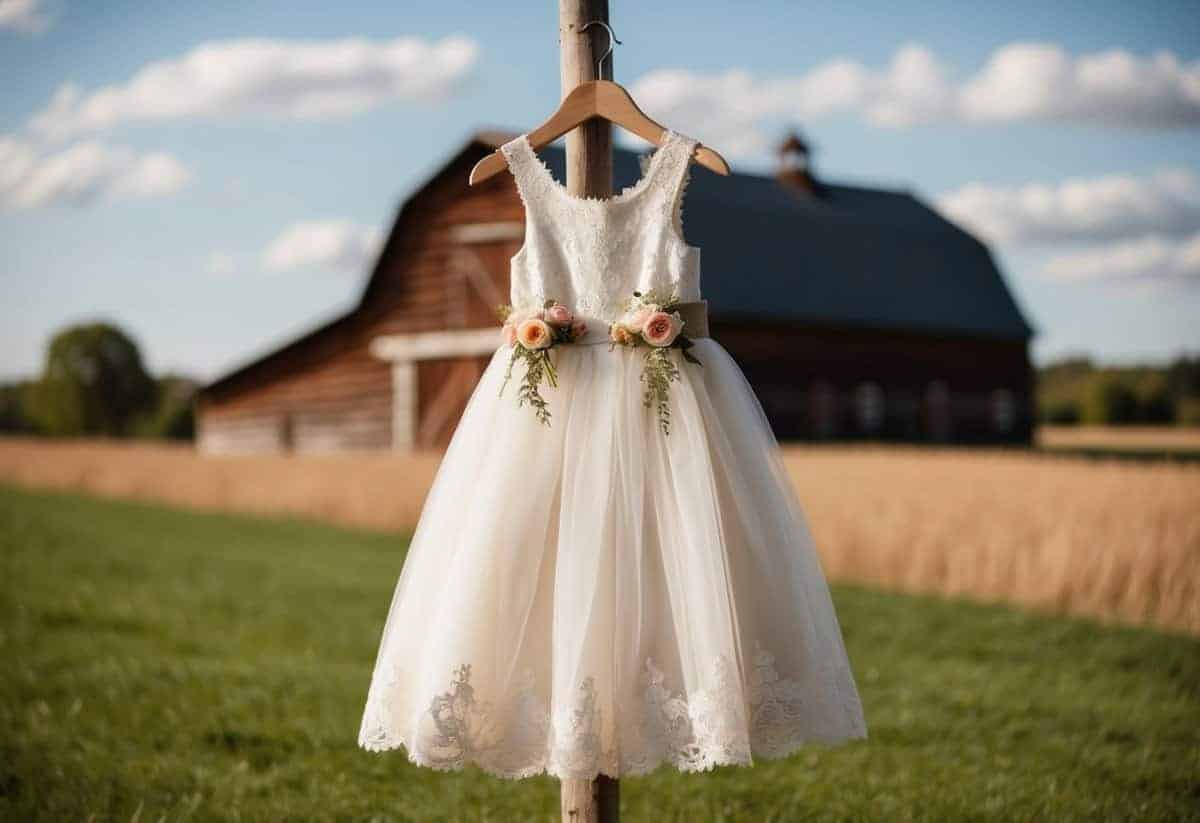 A rustic country-style wedding dress for kids, with lace details and floral accents, set against a backdrop of a charming countryside barn